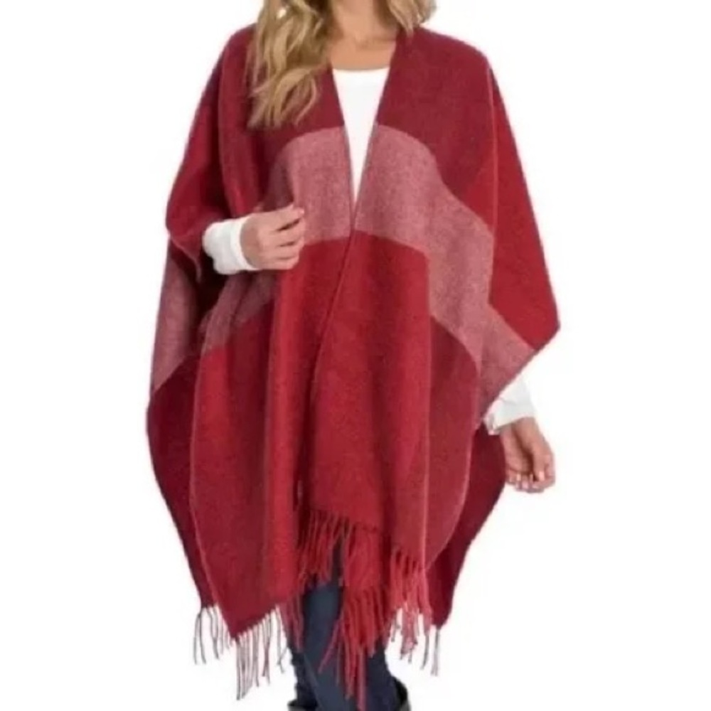 Woolrich Red Plaid Fringed Shawl Cape Poncho One Size